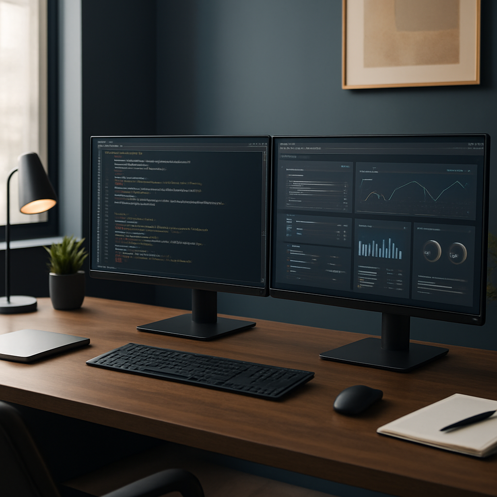 A modern software development workspace with monitors showing code and dashboards